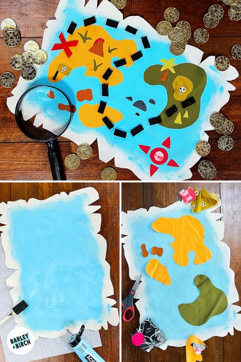 A collage of three photos that show the process of making our scrap fabric treasure map for kids Map Making For Kids, Diy Treasure Map, Diy Map Art, Adventure Crafts, Diy Map, Fantasy Play, Kindergarten Art Projects, Map Crafts, Imaginary Maps