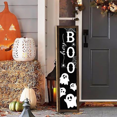 PRICES MAY VARY. Spooky Design: Our Halloween "Boo" Porch Sign features a spooky and festive design, perfect for creating a haunted ambiance on your front porch. The eerie "Boo" lettering is sure to delight trick-or-treaters and guests alike. Premium Quality: Made from high-quality wood, this sign is built to last. Its sturdy construction ensures it can withstand outdoor elements while maintaining its vibrant colors and rustic charm. Easy to Set Up:Our Welcome sign consists of two wooden planks, Home Door Signs Front Porches, Halloween Door Boards, Diy Fall Front Porch Sign, Fall Signs For Porch, Fall From Porch Decor, Ghost Front Porch Decor, Simple Fall Decor Front Porch, Porch Greeter Sign, Wood Front Porch Signs