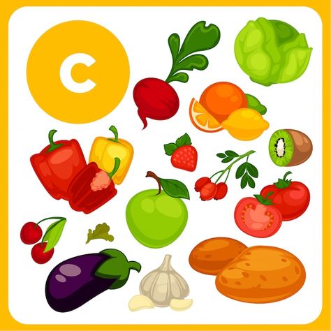 Cartoon food with vitamin e. | Premium Vector #Freepik #vector #vitamin-c #tomato #orange #strawberry Foods With Vitamin E, Five Food Groups, Vitamin C Foods, Vitamin A Foods, Food Cartoon, Vitamins For Kids, Alphabet Activities, Mandala Coloring Pages, Healthy Nutrition