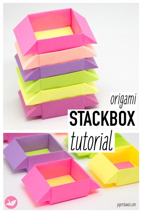 Stackable Origami Boxes! Learn how to make an easy stackable origami box with handles. These easy origami boxes slot together. Each box is made from 1 sheet of square paper. These make great DIY organiser boxes! Diy Organiser, Origami Kutu, Origami Box Easy, Box Origami, Paper Kawaii, Origami Tattoo, Origami Boxes, Origami Paper Folding, Origami Star Box