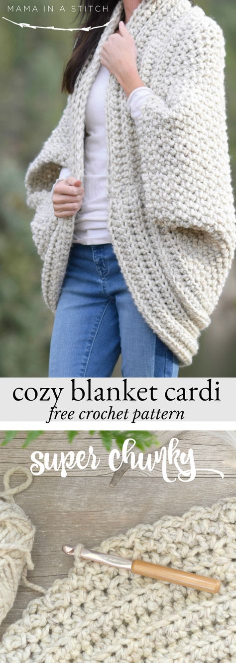 This super chunky and cozy crocheted cardigan is perfect for fall and winter! Free pattern and links to tutorials.  #crafts #diy via @MamaInAStitch Crochet Blanket Cardigan, Chunky Sweater Pattern, Blanket Cardigan, Poncho Crochet, Gilet Crochet, شال كروشيه, Crochet Shrug, Haken Baby, Crochet Jacket