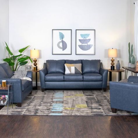 Navy Leather Sofa, Navy Blue Leather Sofa, Blue Leather Couch, Blue Sofas Living Room, Blue Leather Sofa, Leather Sofa And Loveseat, Affordable Living Room, Affordable Living Room Furniture, Leather Couches Living Room