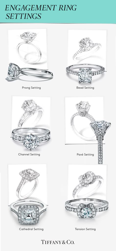 Setting refers to how gemstones are set, or mounted, into a metal band. #TiffanyEngagementRing #TiffanyDiamonds #TiffanyAndCo #TiffanySustainability #ResponsiblySourced #EngagementRingSetting #ProngSetting #BeadSetting #ChannelSetting #PaveSetting #BezelSetting #TensionSetting #CathedralSetting #BurnishSetting Tiffany Co Engagement Rings, Bezel Set Rings, Tiffany And Co Diamond, Weding Rings, Aesthetics Business, Engagement Goals, Tiffany Engagement, Tiffany Engagement Ring, Jewelry Manufacturing