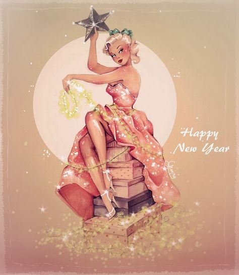 Happy New Year!!! Vintage Happy New Year, Pin Up Cartoons, Pin Up Drawings, Pin Up Girl Vintage, Cartoon Girls, Pin Up Model, New Year Images, Girls Art, New Year Greeting Cards