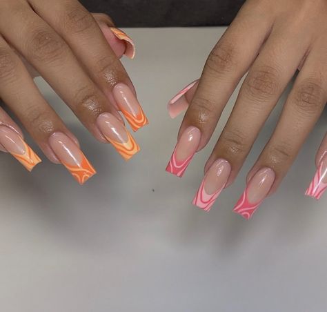 Lines Acrylic Nails, Two Toned Nails, Orange Yellow Nails, Groovy Lines, French Lines, Sweet Nails, Lines Abstract, Nails Now, Summery Nails