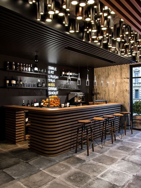 All Black Bar, Modern Bar Design, Black Bars, Basement Bar Design, Luxurious Interior Design, Funky Buddha, Bar Interior Design, Luxury Bar, Coffee Shops Interior