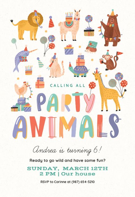 Party Animals - Birthday Invitation Template (Free) | Greetings Island One Party Animal Birthday Theme, Party Animal Party Theme, Animals Theme Birthday Party, Summer 2nd Birthday Party Ideas, One Party Animal Birthday, Animal Invitations Birthday, Kids Birthday Card Ideas, Kids Invitations Birthday, Cool Birthday Themes