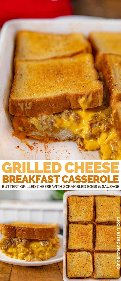 Grilled Cheese Breakfast Casserole is the ultimate indulgent breakfast for a crowd, with sandwiches filled with scrambled eggs and sausage. #breakfastcasserole #scrambledeggs #grilledcheese #breakfast #dinnerthendessert Grilled Breakfast Sandwich, Scrambled Egg Grilled Cheese Sandwich, Scrambled Egg Grilled Cheese, Crazy Breakfast Ideas, Soul Food Breakfast, Lake Meals, Breakfast Baked Potatoes, Barn Tin, Breakfast Sandwich Recipes