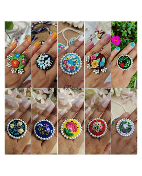 •||• Rings •||• Some new and some most loved by y'all 🫶 Size ~ 10rs coin size. Color, design Customisable 💜 DM for customisation! . . . . . . . . . . . . . [handcrafted, handmade jewelry, hand embroidered, Beach vibe, holiday look, summer fashion, summer fashion jewelry, Durga puja collection, statement rings, embroidery jewelry, fabric jewellery, sustainable fashion, summer aesthetic, aesthetic, aesthetic jewelry, handmade finger rings, ring collection, daily wear earrings, summer collectio... Embroidery Earrings Handmade Jewelry, Fabric Jewellery Handmade, Embroidered Jewellery, Daily Wear Earrings, Hand Embroidered Jewelry, Jewelry Fabric, Embroidery Fashion Detail, Look Summer, Fabric Jewellery