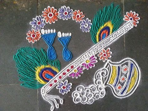 Krishna Janmashtami Rangoli designs with colours and dots - K4 Craft Janmashtami Rangoli Designs, Best Rangoli Designs, Rangoli Designs For Beginners, Best Rangoli, Krishna Jayanthi, Easy Rangoli Designs Videos, Janmashtami Decoration, Latest Rangoli, Rangoli Designs Latest