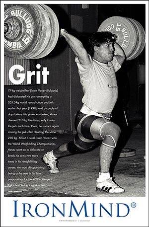 Grit: Zlaten Vanev had it. Challenge is a prerequisite for transformation, and a barbell coupled with an iron will is how Vanev was forged in fire, cleaning 210 kg, only to miss the jerk. A couple of days before, Vanev had made five attemtps on the same 210-kg, cleaning the weight but missing the jerk each time--all under the watchful eye of fabled coach Ivan Abadjiev in the Bulgarian training hall. The good news is that about a week later, Vanev won the World Weightlifting Championships. Forged In Fire, Gym Art, Olympic Weightlifting, Watchful Eye, Olympic Lifting, Sport Poster Design, Gym Fits, Body Is A Temple, Gym Inspiration