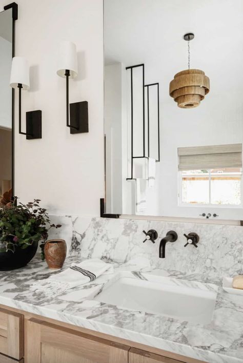 California Casual Style, Vanity Backsplash, Magnolia Journal, White Cafe, Transitional Bathroom, Marble Backsplash, Wall Mount Faucet, Bathroom Sconces, California Casual