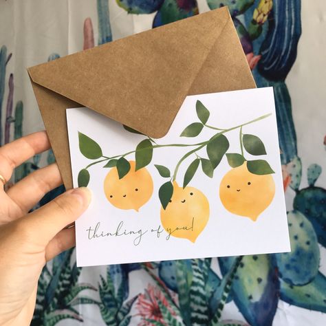 Thinking of You Greeting Card 5 Pack for $15. Cheer up some friends!  #lemondesign #design #summerartwork #greetingcards #greetingcard #citrus #happy #yellow #ecofriendlybusiness #FSC #kraftpaper #Kraftenvelopes #cutefaces #etsy #etsyshop #etsyfinds Bday Cards, Summer Cards, Cat Air, Paint Cards, Card Drawing, Letter Paper, Watercolor Cards, Cute Cards, Diy Cards