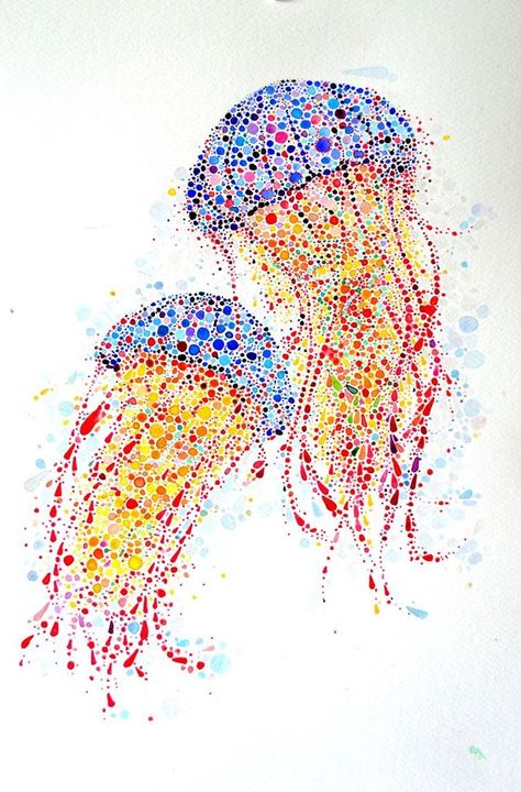 Dancing Jellyfish Dotted Animals That I Created From Hundreds Of Dots Pointalism Art, Ako Kresliť, Stippling Art, The Dot, Dot Art Painting, Aboriginal Art, Watercolor Animals, Colorful Paintings, Dot Painting