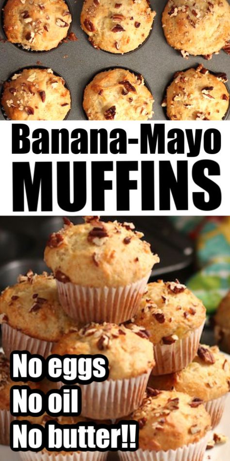 These muffins are really good and you don't need eggs, oil or butter to make them. You use mayonnaise or miracle whip to provide moistness. Don't worry! They don't taste like mayo! This is a great baking recipe for times when your pantry is running low.  #HappyHooligans #Banana #Mayo #Mayonnaise #MiracleWhip #Muffins #Baking #EasyREcipe #MuffinRecipe #BananaMuffin #BestRecipe Banana Muffins Made With Mayonnaise, Miracle Whip Banana Muffins, Mayo Banana Muffins, Banana Muffins With Mayonnaise, Recipes With Miracle Whip, Mayonnaise Muffins Recipe, Mayonnaise Muffins, Recipes Using Mayonnaise, Banana Recipes No Butter