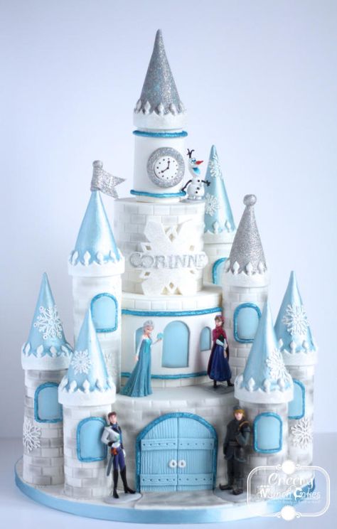 “4th Frozen Cake” Corinne’s mum wanted a more traditional castle for a more princessy feel, but I added a touch of sparkly snowflakes to make it to this year’s most wanted theme, Frozen. The whole castle cake was based on McGreevy Cakes’s free... Torte Frozen, Disney Frozen Castle, Frozen Castle Cake, Frozen Birthday Party Cake, Bolo Rapunzel, Castle Birthday Cakes, 4de Verjaardag, Disney Frozen Cake, Frozen Castle