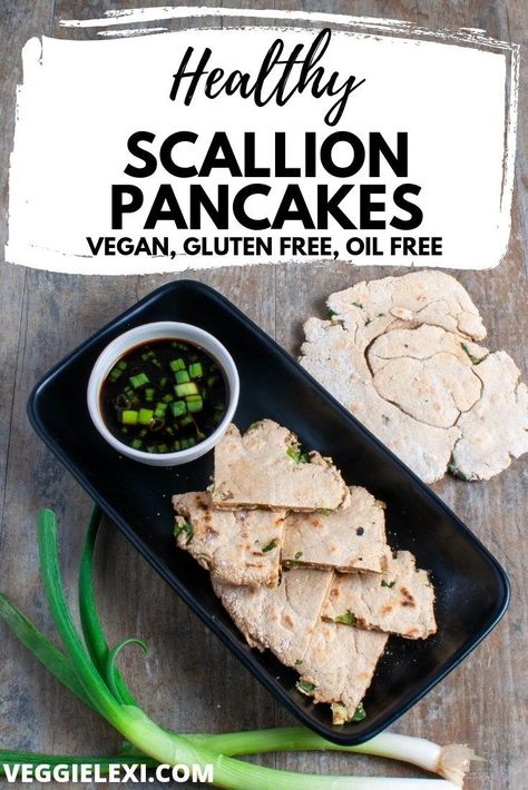 Healthy and delicious scallion pancakes that are made with oat flour. Vegan, gluten free, and oil free! #veggielexi #veganrecipes #glutenfreerecipes Gluten Free Kids Snacks, Gluten Free Snack Bars, Vegan Appetizers Recipes, Vegan Appetizer, Plant Based Recipes Breakfast, Scallion Pancakes, Gluten Free Vegan Recipes, Delicious Gluten Free Recipes, Healthier Recipes