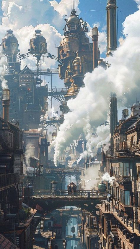 Fantasy Technology City, Steampunk Scenery Landscapes, Fantasy Industrial City, Fantasy Steampunk Art, Steampunk Sci Fi, Steampunk Floating City, Steampunk Fantasy World, Cattlepunk City, Futuristic Steampunk Aesthetic