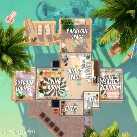 Michaela Sims | Sims 4 Builder ✨🇨🇿 on Instagram: "The floor plan of my Mermaid’s Beach Home 🧜🏼‍♀️ I really had a lot of fun playing with a very colorful color scheme in here! I don't do it very often, but I really enjoyed it! 🩵 Sulani 🩵 30x20 🩵 $43,464 🩵 Origin ID: michaelasimsyt 🩵 Speed build on my YT channel, link in bio ✦ EP: Growing Together, High School Years, Cottage Living, Snowy Escape, Eco Lifestyle, Discover University, Island Living, Seasons, Cats and Dogs, Get Together ✦ GP: Sims 4 Beach House Floor Plans, Small Beach House Floor Plans, Sims 4 Island Living House, Sulani Homes Sims 4, Beach House Floor Plan, Island House Plans, Sims 4 Beach House, Snowy Escape, Sims 4 Cottage