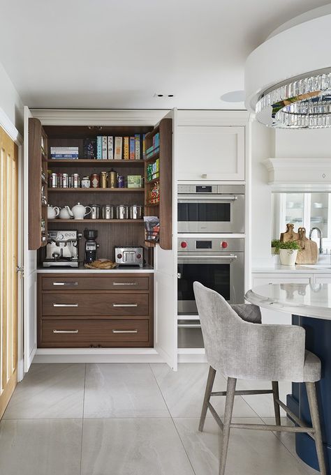 Utility In Kitchen, Breakfast Area Ideas Open Kitchens, Breakfast Station Kitchen, Breakfast Station Ideas, Breakfast Cabinet, Kitchen Baking Station, Kitchen Utility Cabinet, Spice Rack Design, Cape Kitchen