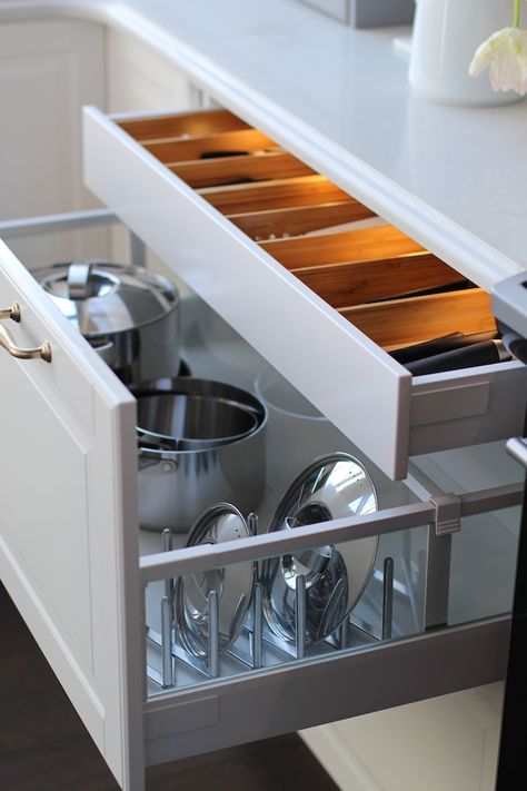 Jillian Harris Ikea Sektion Kitchen - Pots, Pans, Lids, and Cooking Utensil Storage Ikea Sektion Kitchen, Ikea Kitchen Drawers, Cooking Utensil Storage, Ikea Kitchen Organization, Ikea Sektion, Sektion Kitchen, Ikea Drawers, Ikea Kitchen Cabinets, Laundry Design