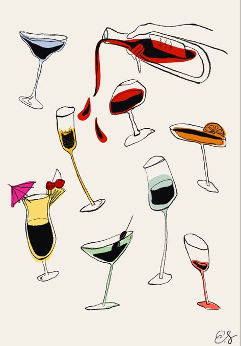 Illustration of cocktail drinks with colourful splotches Dinner Party Drawing Illustration, Wine Bottle Doodle, Drink Art Illustration, Wine Bottle Drawing, Alcohol Illustration, Drinks Illustration, Wine Glass Illustration, Wine Illustration, Goals And Aspirations