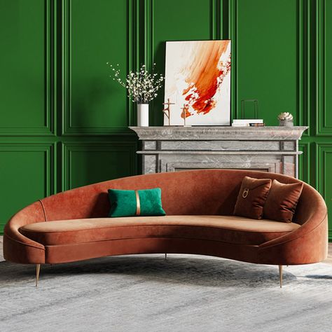 Sofa Cognac, Curved Couch, Gold Sofa, Toss Pillow, Mid Century Sofa, Green Walls, Curved Sofa, Types Of Sofas, Three Seater Sofa