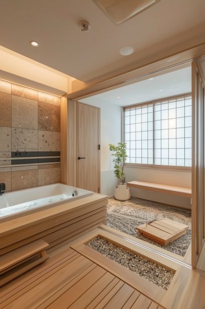 Bathroom Ideas Japanese Style, Bathroom Ideas Japanese, Japandi Renovation, Japanes Style Bathroom, Japanese Styled Bathroom, Modern Japanese Bathroom, Japandi Bathroom With Bathtub, Japanese Bathroom Ideas, Japandi Bathroom Ideas