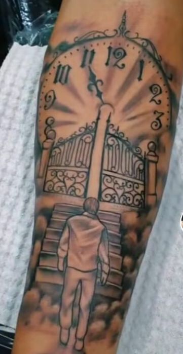 Heavens Gate Tattoo Design, Walking Up Stairs Tattoo, Chest Tattoo Birds, Stairs To Heaven Tattoo, Gates Of Heaven Tattoo, Gate Tattoo, Tattoo Birds, Heaven Tattoo, Walking Up Stairs