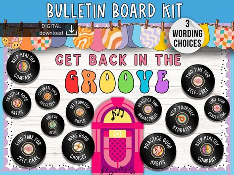 Welcome back bulletin board | Music Retro bulletin board | Mental Health tips Bulletin Board | groovy classroom display | back to school kit Retro Bulletin Board, Back To School Kit, Groovy Classroom, Music Bulletin Board, Music Bulletin Boards, Back To School Bulletin Boards, School Kit, Classroom Display, School Bulletin Boards