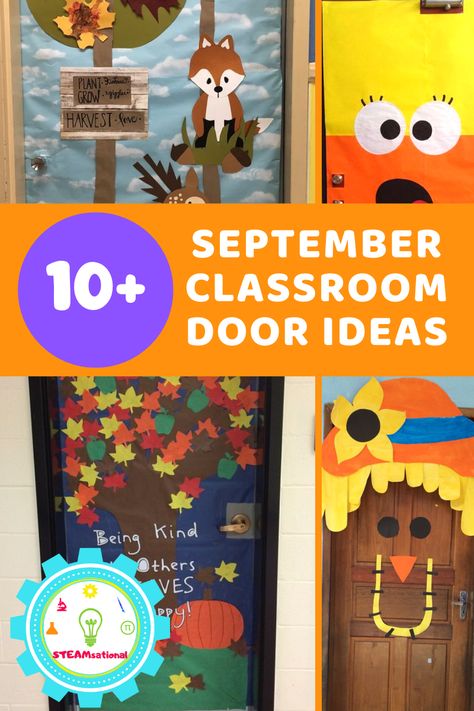 Fall Elementary Door Decorations, October Teacher Door Ideas, Classroom Door Decorations For Fall, Creative Fall Door Decorations, September Teacher Door Ideas, Fall Into Learning Classroom Door, Science Fall Door Decorations Classroom, Fall Library Door Decorations, Fall Festival Door Decorations