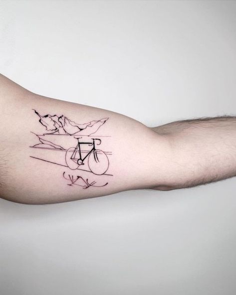 12. Fine-line bicycle tattoo Bicycle Tattoo Ideas, Paper Crane Tattoo, Runner Tattoo, Mountain Bike Tattoo, Bicycle Drawing, Gear Tattoo, Crane Tattoo, Bicycle Tattoo, Nerd Tattoo