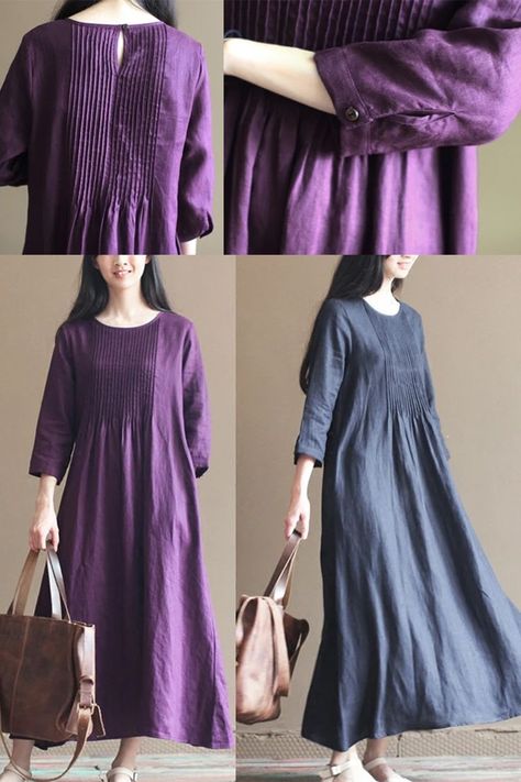 Fall Purple Linen Dresses Bracelet Sleeve Pleated Linen Maxi Dress Gowns Loose Maxi Dress Pattern, Purple Linen Dress, Linen Gown, Fall Purple, Dresses To Make, Purple Linen, Grey Knit Dress, Bracelet Sleeve, Jcpenney Dresses