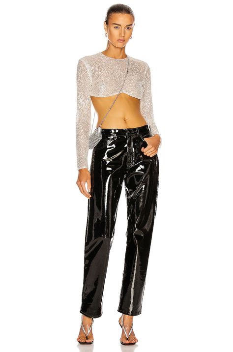 David Koma Shimmer Long Sleeve Crop Top in Silver | FWRD Nil Ninat, Patent Leather Pants, Eclectic Wardrobe, Miami Nights, David Koma, Loose Trousers, Fashion Figures, Long Sleeve Crop, Long Sleeve Crop Top