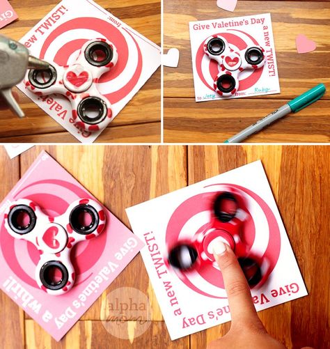 Fidget Spinner Classroom Valentines for Kids (cards) by Brenda Ponnay for Alphamom.com Fidget Valentines, Pencil Sharpener Valentine, Eraser Valentine Free Printable, Fidget Spinner Valentine Printable, Valentines Pop It Tags, Spinners Diy, Classmates Gifts, Kids Valentine Boxes, Christmas Bows Diy