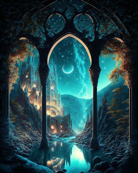 Fantasy Cottage, Fantasy Background, Fantasy Castle, Fantasy City, Fantasy Places, Fantasy Art Landscapes, Fantasy Aesthetic, Dreamy Art, Moon Stars