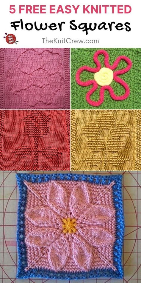 5 Free Easy Flower Square Knitting Patterns. Free Easy Flower Square Knitting Patterns curated by The Knit Crew. Flower Dishcloth Pattern Free Knitting, Knit Blocks Squares Free Pattern, Square Knitting Patterns Free, Flower Knitting Patterns, Knit A Square, Free Flower Knitting Patterns, Knit Square Patterns, Knit Squares, Flower Knitting Chart