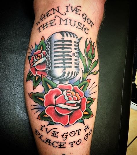 Rancid tattoo. Traditional vintage microphone tattoo. Done by Bryan Kienlen from the Bouncing Souls Traditional Piano Tattoo, Traditional Microphone Tattoo, Old School Microphone Tattoo, Traditional Music Tattoo, Rancid Tattoo, Gramophone Tattoo Traditional, Old Microphone Tattoo, Vintage Microphone Tattoo, Traditional Tattoo Music