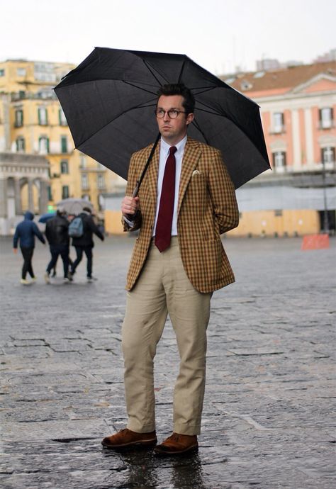 A Man Holding Umbrella, Marvel Rpg, Preppy Mens Fashion, Black Umbrella, Check Suit, Under My Umbrella, Mens Fashion Classic, Checked Jacket, Savile Row