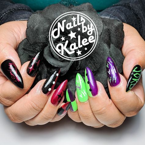 Harley Quinn Inspired Nails, Joker Acrylic Nails, Joker And Harley Quinn Nails, Joker Nails Acrylic, Joker Inspired Nails, The Joker Nails, Harley Quinn Nails Acrylic, Harley Quinn Nails Designs, Harley Quinn Nail Art