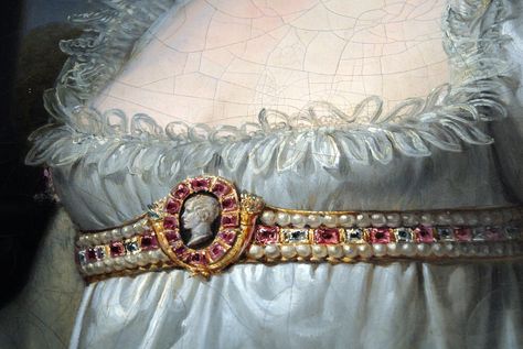 Portrait of Joséphine, detail Color History, History Dress, Regency Portraits, Chateau De Malmaison, Regency Jewelry, Empress Josephine, Regency Gown, Painting Details, Georgian Jewelry