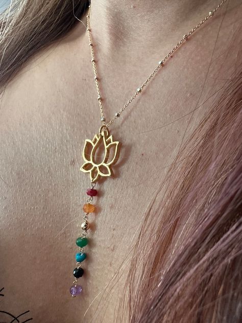 7 Chakras Stone Necklace, Chakra Healing Gemstone Necklace, Gold Lotus Flower Necklace, Rainbow Necklace, Boho Chakra Necklace, Gift for Her - Etsy Gold Lotus Flower, Lotus Flower Necklace, Gold Lotus, Chakra Necklace, Rainbow Necklace, Chakra Jewelry, 7 Chakras, Necklace Boho, Chakra Stones