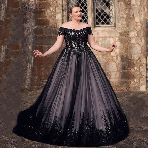 Elegant Black Wedding Dresses Plus Size Off the Shoulder V Neck Bride Gowns Appliques A-Line Sweep Train Tulle Robe De Mariage - AliExpress Plus Size Black Wedding Dresses, Black Wedding Dresses Plus Size, Black Ball Gown Wedding Dress, Wedding Dresses Off Shoulder, Black Bridal Dresses, Goth Wedding Dresses, Spooky Wedding, Plus Size Off The Shoulder, Wedding Dresses Plus