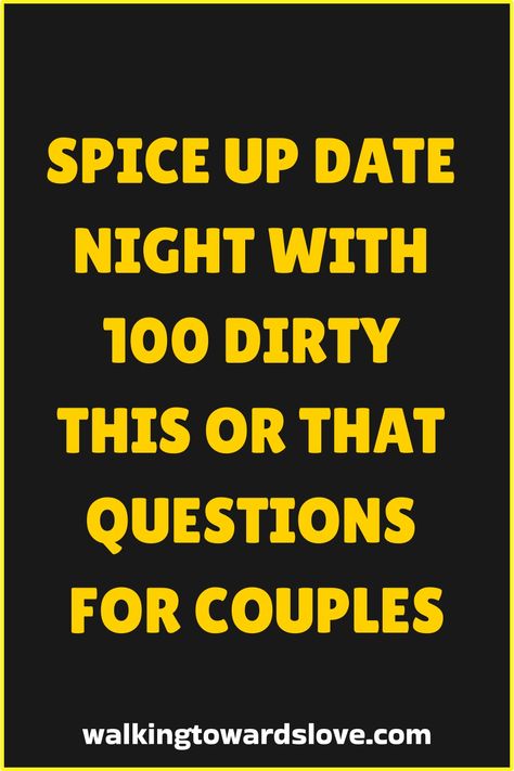 Looking to spice up your date nights? Check out these 100 Dirty This or That Questions for Couples! From steamy scenarios to playful preferences, this list is perfect for igniting some passion and laughter with your partner. Whether you're cozying up on the couch or enjoying a fun night in, these thought-provoking questions will keep the conversation flowing and the mood sizzling. Get ready to uncover new sides of each other and delve into deep discussions that will leave you feeling closer than Black Poly Relationship Goals, 20 Questions For Couples Fun, This Or That Dating Questions, Date Night Truth Or Dare, Texting Games For Couples Dirty, Fun Date Night Questions For Married Couples, Facetime Games For Couples, Daily Questions For Couples, Pick A Number Game Questions For Couples