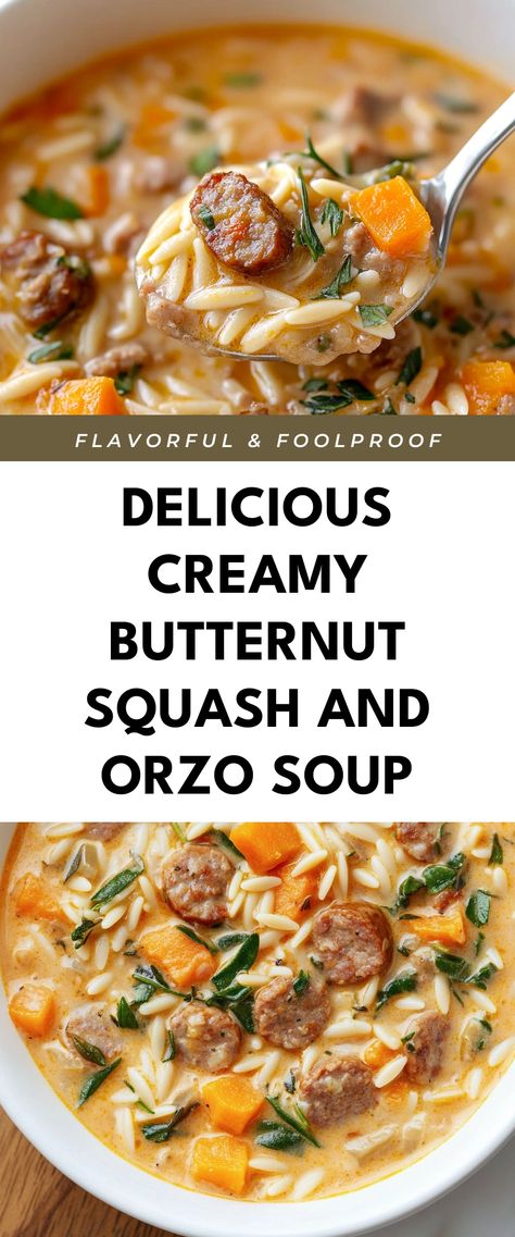 Image for Delicious Creamy Butternut Squash and Orzo Soup Butternut Squash Crock Pot Recipes, Butternut Squash And Shrimp Soup, Butternut Squash And Orzo, Soup Recipes Autumn, Butternut And Sausage Soup, Butternut Squash Apple Soup Crockpot, Soup With Squash In It, Healthy Fall Soups Instant Pot, Instapot Butternut Squash Soup Recipes