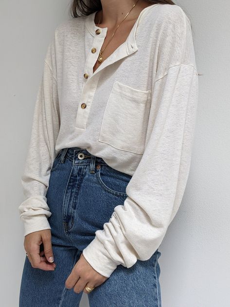 Layered Henley Outfit, Henley Shirt Outfit, Long Sleeve Tee Outfit, Henley Top Outfit, 2000s Clothing, Curved Neckline, House Clothes, Henley Top, Curated Vintage