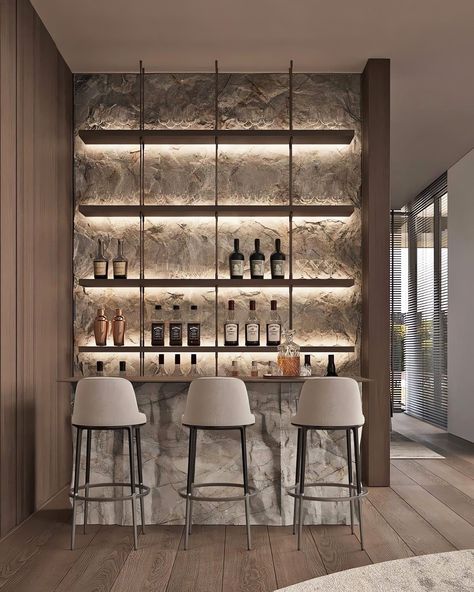 51 Home Bar Ideas To Serve Happy Hour With Style Coffee Corner Modern Luxury, Modern Mini Bar Designs For Home, Modern Home Bar Designs Small Spaces, Bar Against Wall, Mini Bar Designs For Home, Small Bar Ideas For Home, Diy Dry Bar, Small Bar Ideas, Dry Bar Ideas