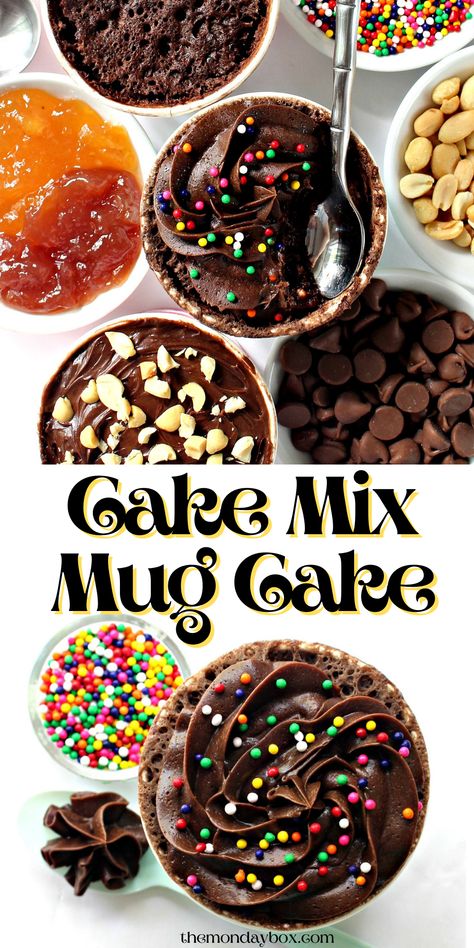 Top image mug cake with chocolate frosting and sprinkles surrounded by cups of add-ins like peanuts, jams, chips. Text Cake Mix Mug Cake. Bottom image closeup of chocolate frosted mug cake. Mug Cake Using Boxed Cake, How To Make A Mug Cake With Box Cake, Box Mug Cake Microwave, Mug Cakes From Cake Mixes, Mug Cake With Box Cake, Microwave Cake In A Mug Recipes, Mug Cake From Cake Mix Microwave, Box Cake Mug Cake Microwave, Cake Mix In A Cup Microwave