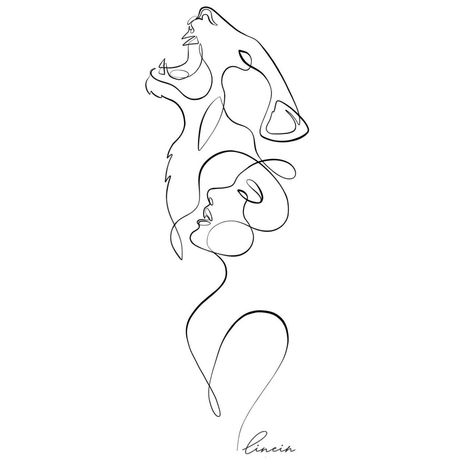 Lioness Tattoo Fine Line, Woman With Lion Tattoo, Animal Line Art Tattoo, Goddess Tattoo Outline, Lion And Woman Tattoo, One Line Tattoo Woman Silhouette, Small Lioness Tattoo For Women, Woman Warrior Tattoo Goddesses, Fine Line Lion Tattoo