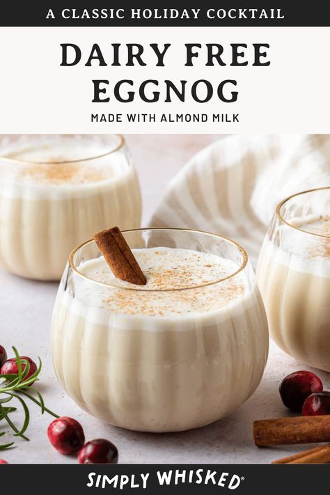 Celebrate the holidays with traditional eggnog made without milk. This dairy free eggnog is extra creamy and satisfying. You won't even miss the cream. Spike it with your favorite liquor to make it a cocktail or serve as-is for an alcohol free treat. Eggless Eggnog Recipe, Dairy Free Eggnog, Alcoholic Eggnog, Dairy Free Egg Nog, Vegan Eggnog, Easy Eggnog, Eggnog Recipe, Vegan Holidays, Egg Nog